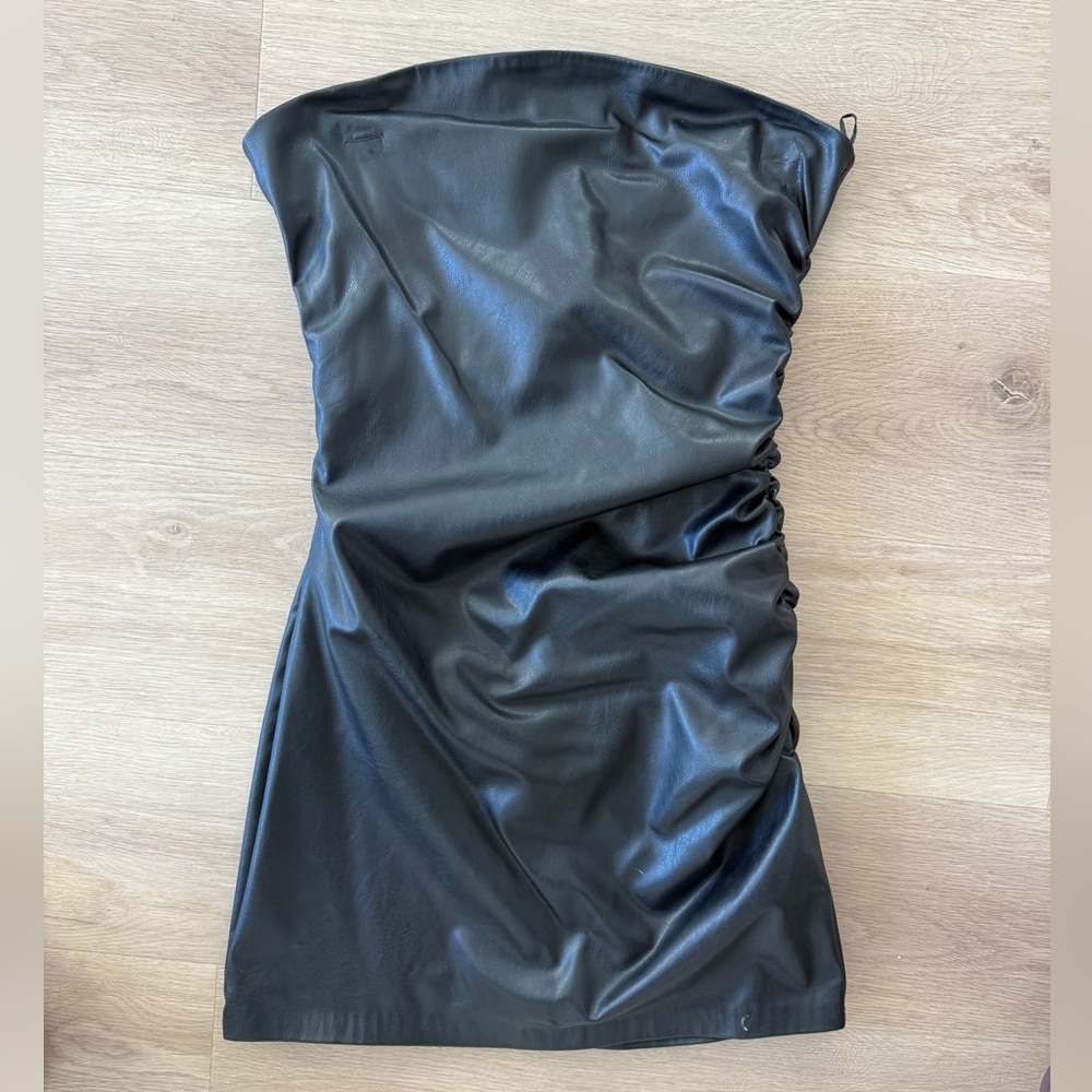 ZARA Black Faux Leather Ruched Dress